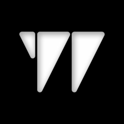 Minimalistyczne logo w kolorze białym na czarnym tle, składające się z trzech geometrycznych elementów przypominających strzałki skierowane w dół, z delikatnym gradientem.