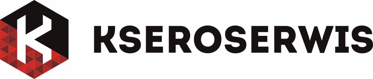Logo firmy Kseroserwis z geometrycznym symbolem K w czarno-czerwonym heksagonie po lewej stronie.