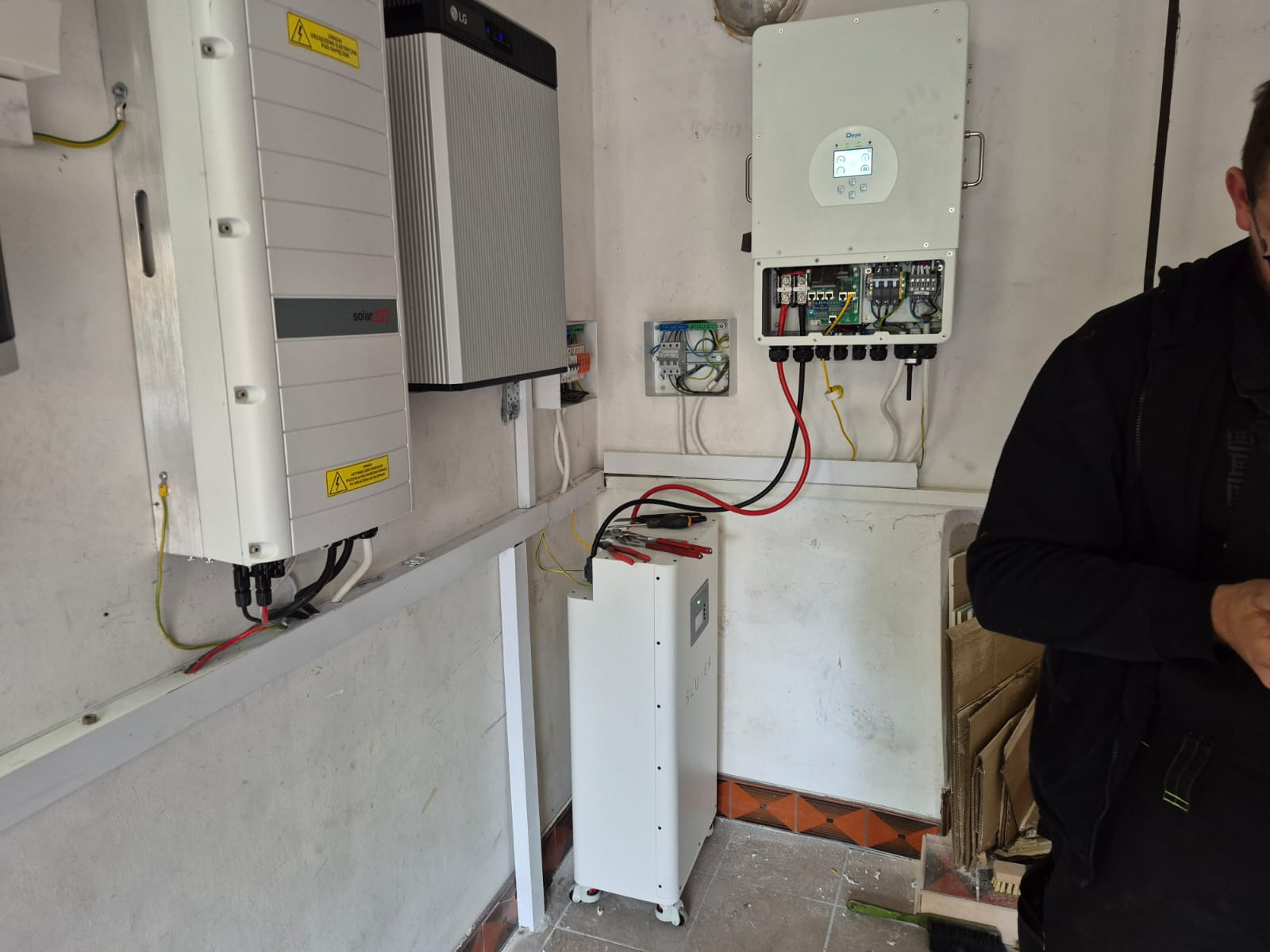 Instalacja fotowoltaiczna w pomieszczeniu: falownik, akumulatory energii, okablowanie. Widoczne narzędzia i fragment osoby. Białe ściany, płytki podłogowe.