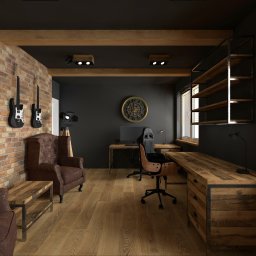 IMO studio - Loftowe biuro z ceglaną ścianą, gitarami, drewnianymi belkami i meblami. Krzesła skórzane, biurka z drewna i metalu, czarne ściany. Oświetlenie punktowe i dekoracyjny zegar.