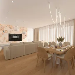 Jasne wnętrze salonu z jadalnią: drewniany stół z nakryciem, beżowa sofa, ściana z kwiatowym wzorem, nowoczesne oświetlenie. Realistyczna wizualizacja projektu.