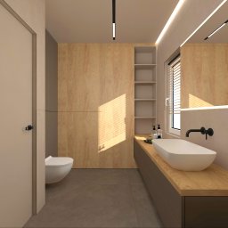 IMO studio - Nowoczesna łazienka z drewnianymi akcentami: umywalka nablatowa, minimalistyczna armatura, ukryta szafa i oświetlenie LED. Przytulne i funkcjonalne wnętrze.
