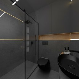 IMO studio - Nowoczesna, minimalistyczna łazienka w odcieniach szarości z czarną armaturą, oświetleniem LED i kabiną prysznicową typu walk-in.