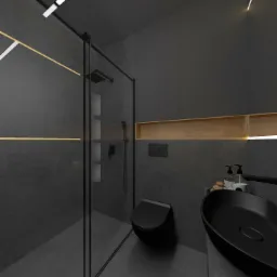 Nowoczesna, minimalistyczna łazienka w odcieniach szarości z czarną armaturą, oświetleniem LED i kabiną prysznicową typu walk-in.