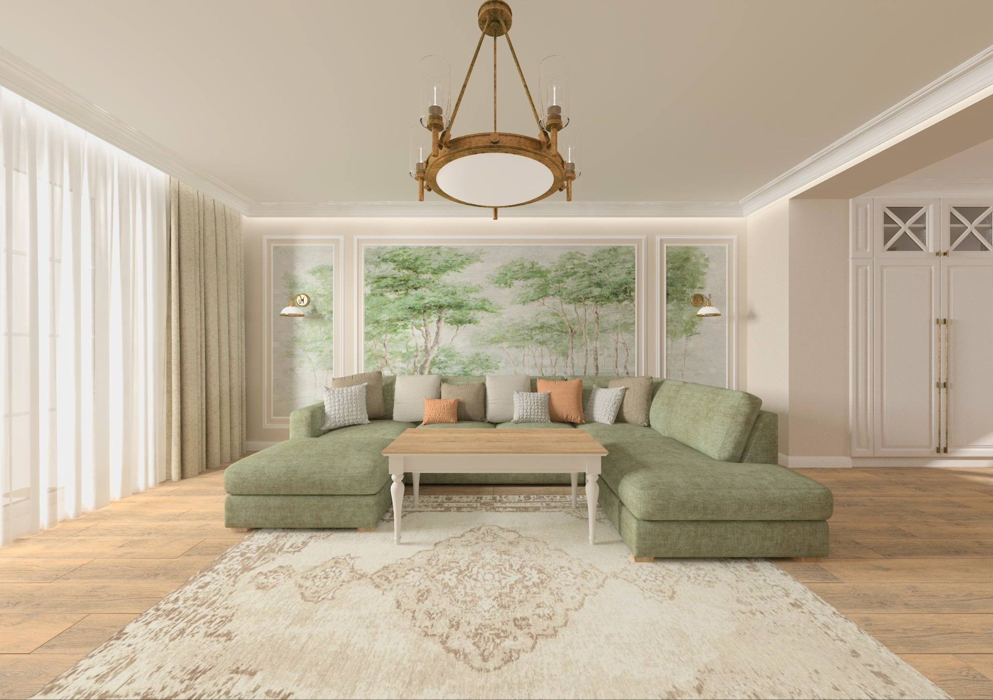 Salon w stylu klasycznym: zielona sofa narożna z poduszkami, drewniany stolik, wzorzysty dywan, lampa sufitowa i dekoracyjny mural z motywem leśnym.