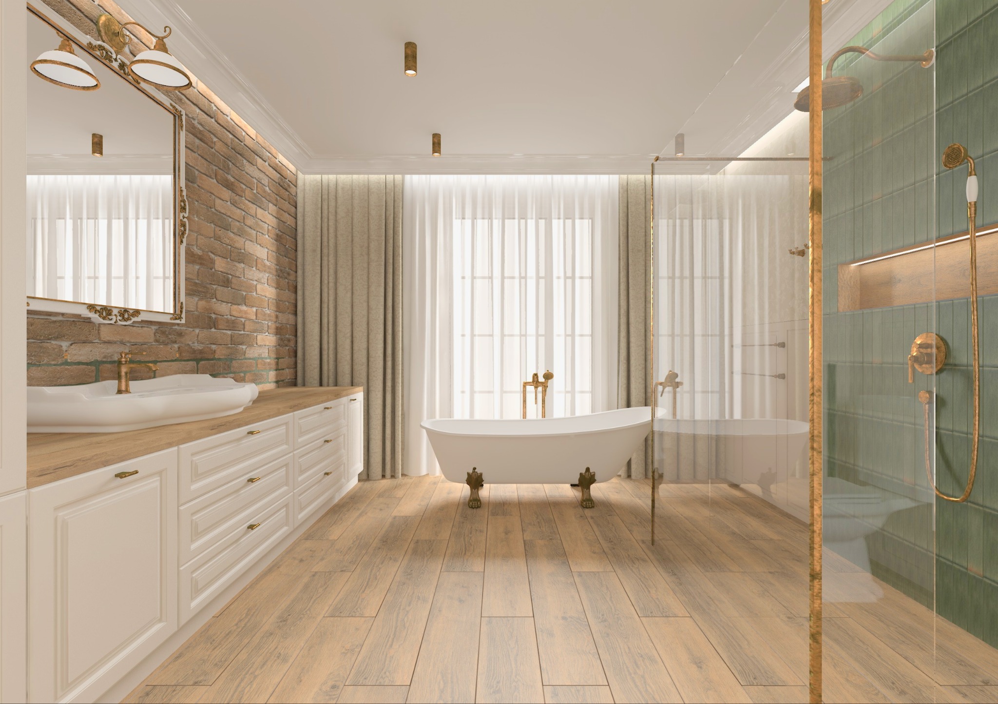 Jasna łazienka z wolnostojącą wanną na lwich nóżkach, umywalką na szafce i prysznicem za szklaną ścianą. Ceglana ściana z lustrem i drewniana podłoga.