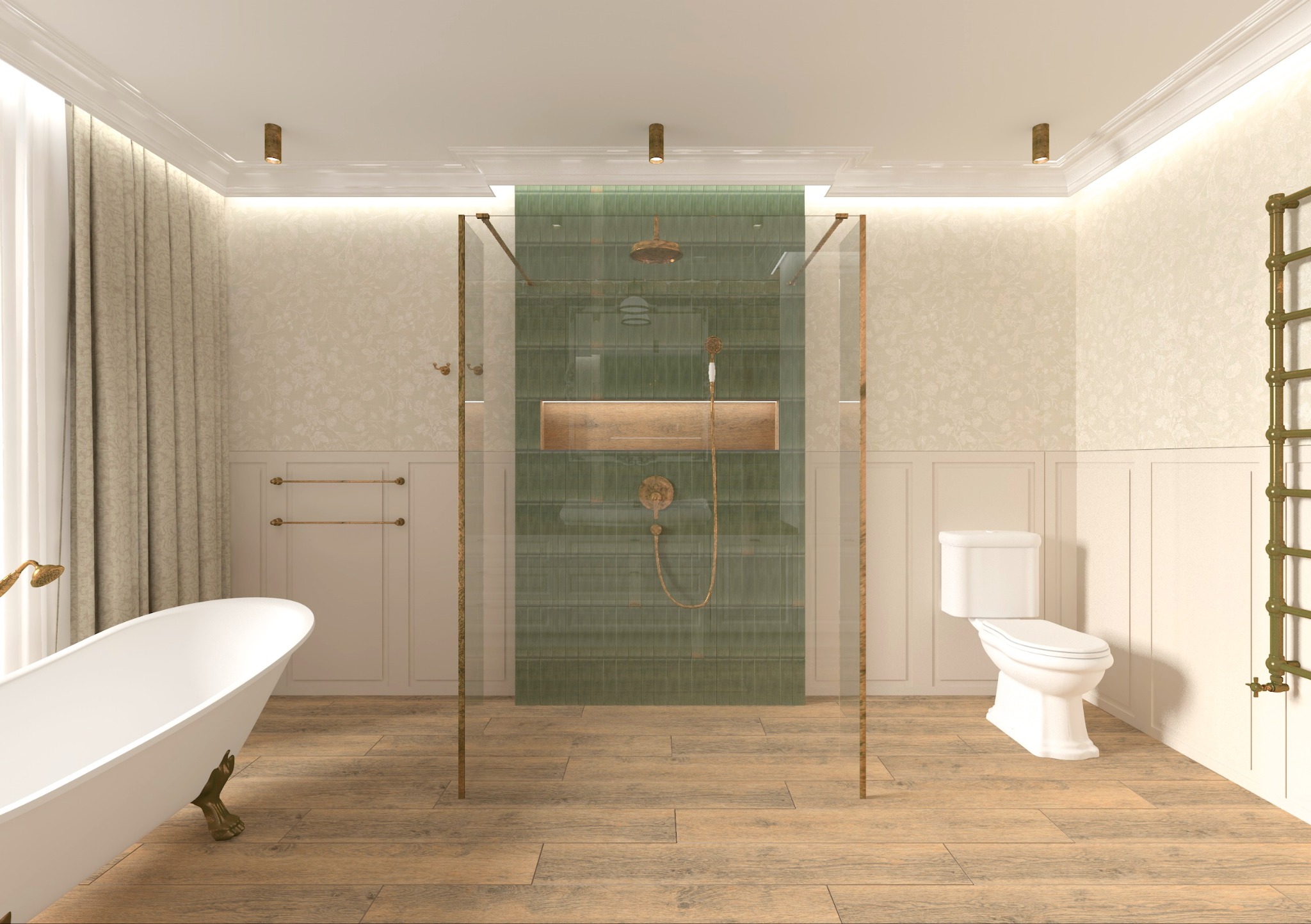 Elegancka łazienka w stylu retro z wolnostojącą wanną na lwich nóżkach, przeszkloną kabiną prysznicową z zielonymi płytkami i drewnianą podłogą.