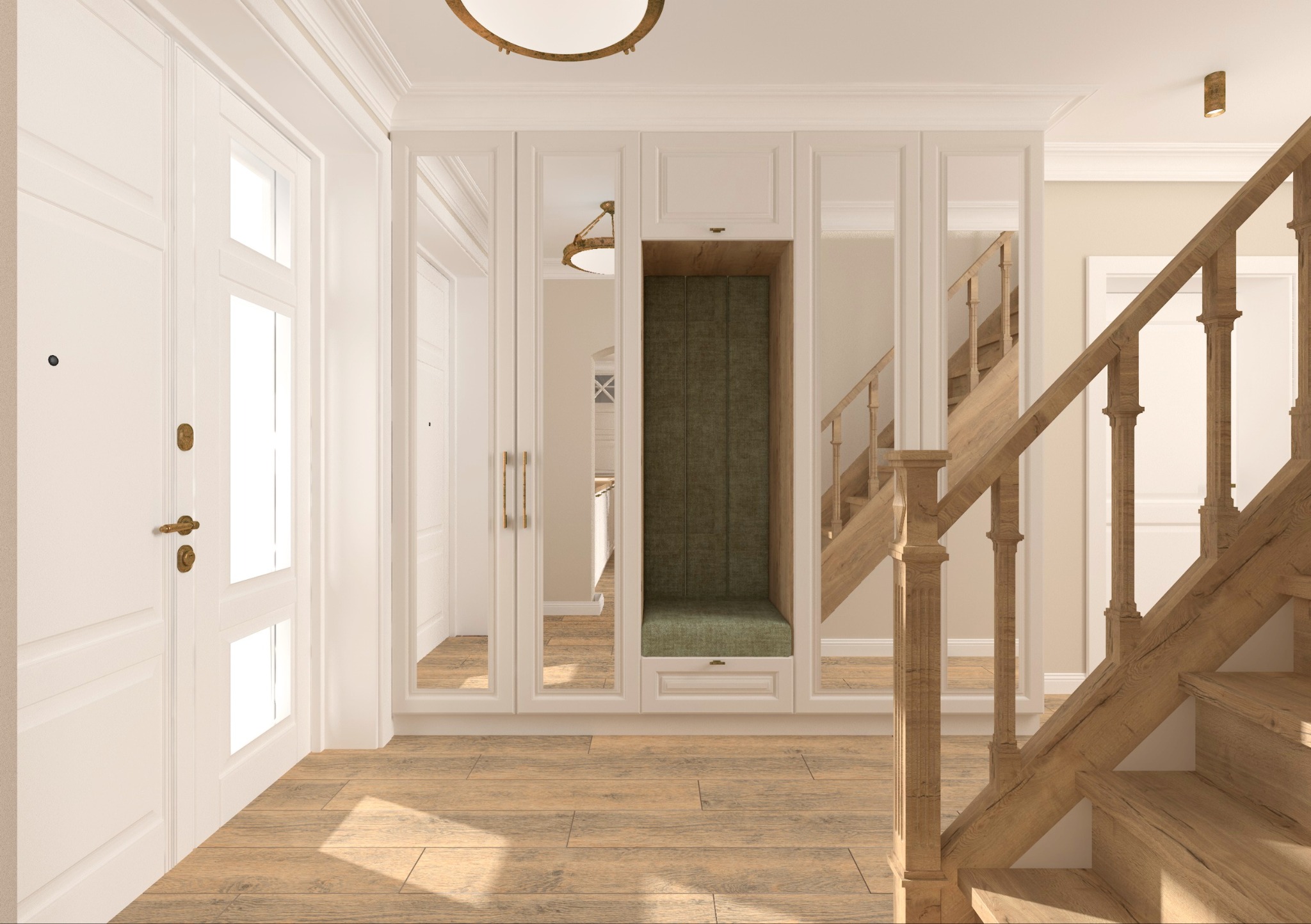 Hall z zabudową w stylu klasycznym: białe szafy z lustrami, siedzisko z zieloną tapicerką i drewniane schody. Widoczne drzwi wejściowe i parkiet.