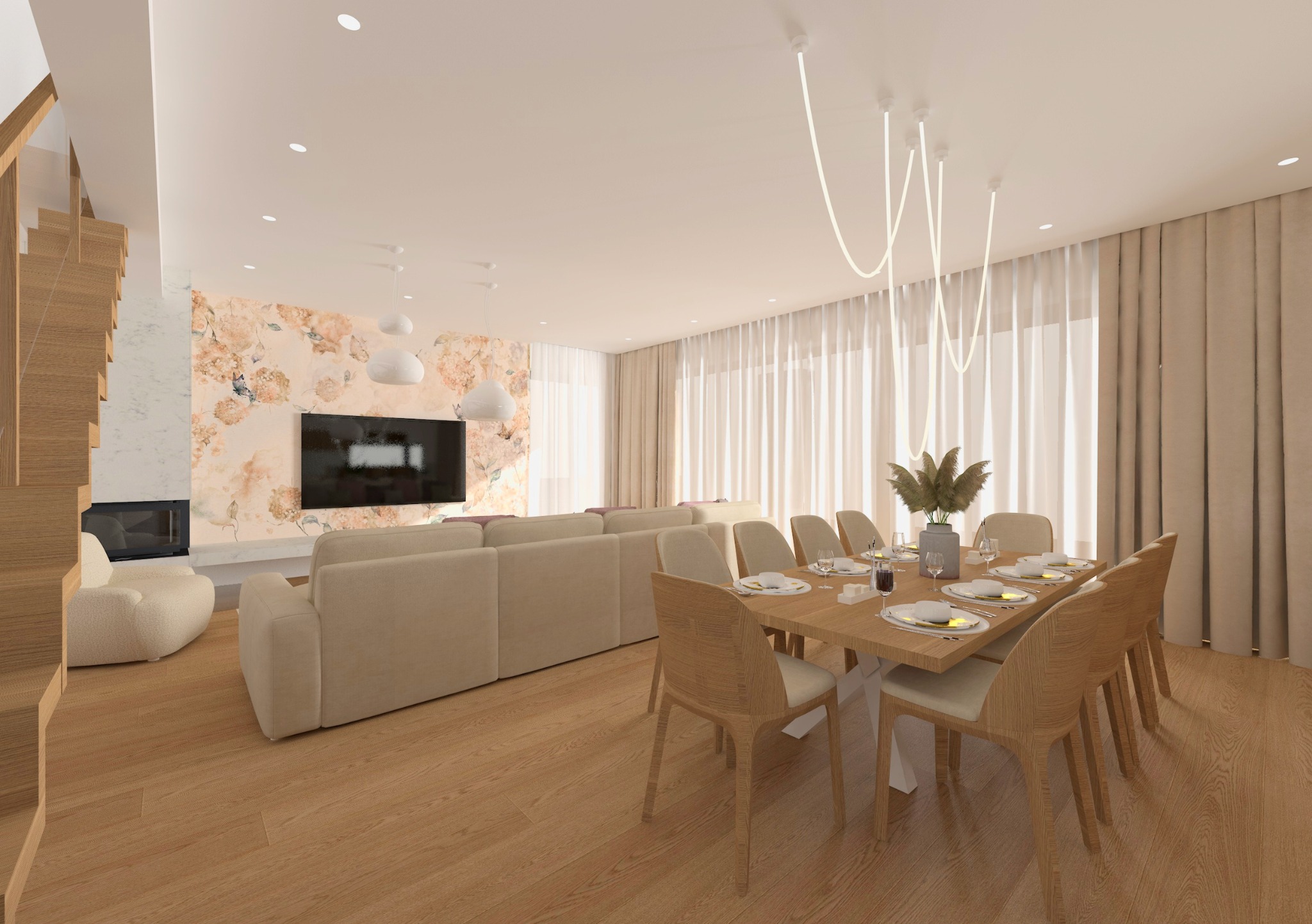 Jasne wnętrze salonu z jadalnią: drewniany stół z nakryciem, beżowa sofa, ściana z kwiatowym wzorem, nowoczesne oświetlenie. Realistyczna wizualizacja projektu.