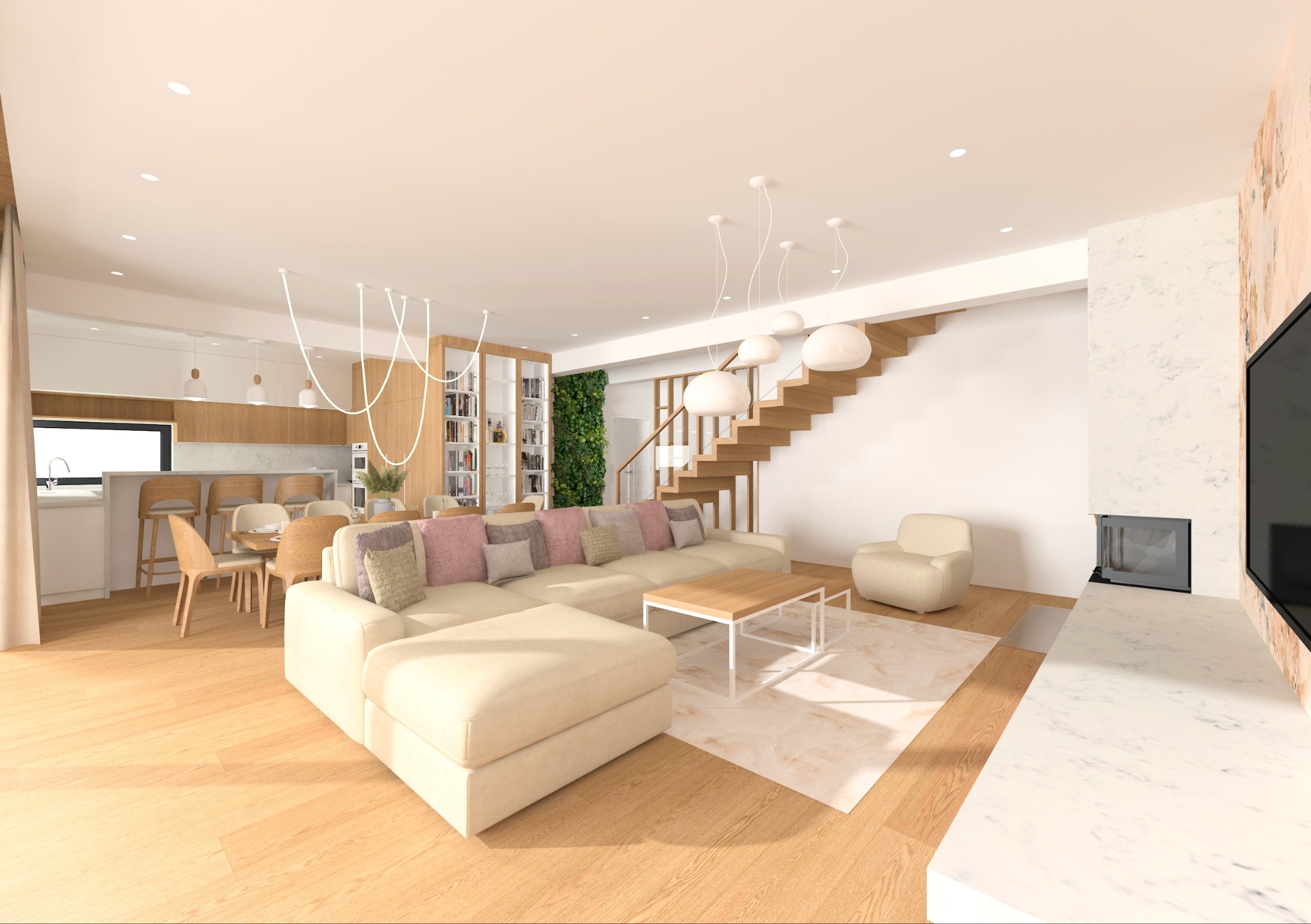 Jasne, przestronne wnętrze domu z drewnianymi schodami, beżową sofą i kuchnią w tle. Minimalistyczny design z elementami roślinności i nowoczesnym oświetleniem.
