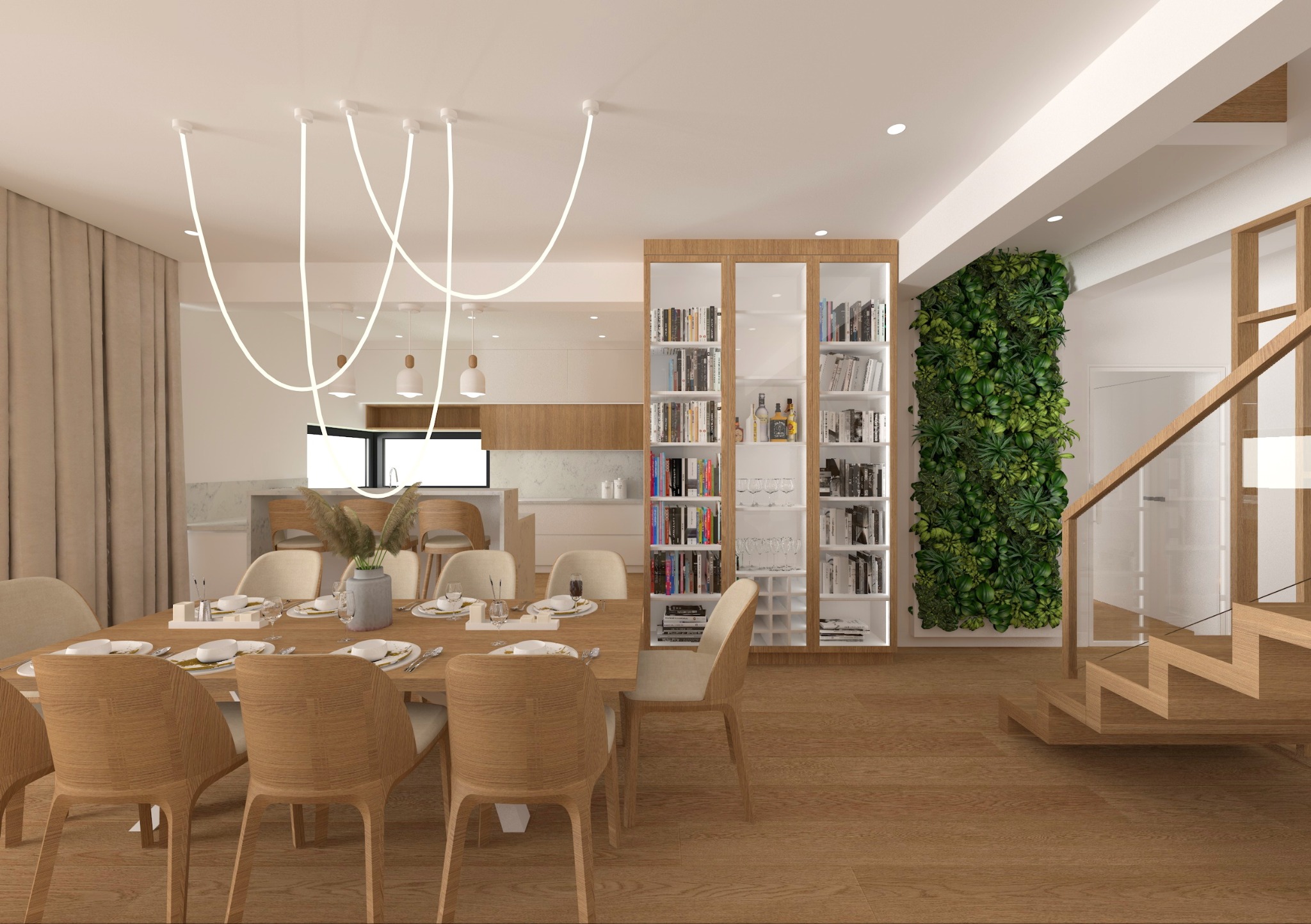 Jasna jadalnia z drewnianym stołem i krzesłami. W tle regał z książkami, pionowy ogród i schody. Nowoczesna lampa nad stołem. Realizacja projektu wnętrza.