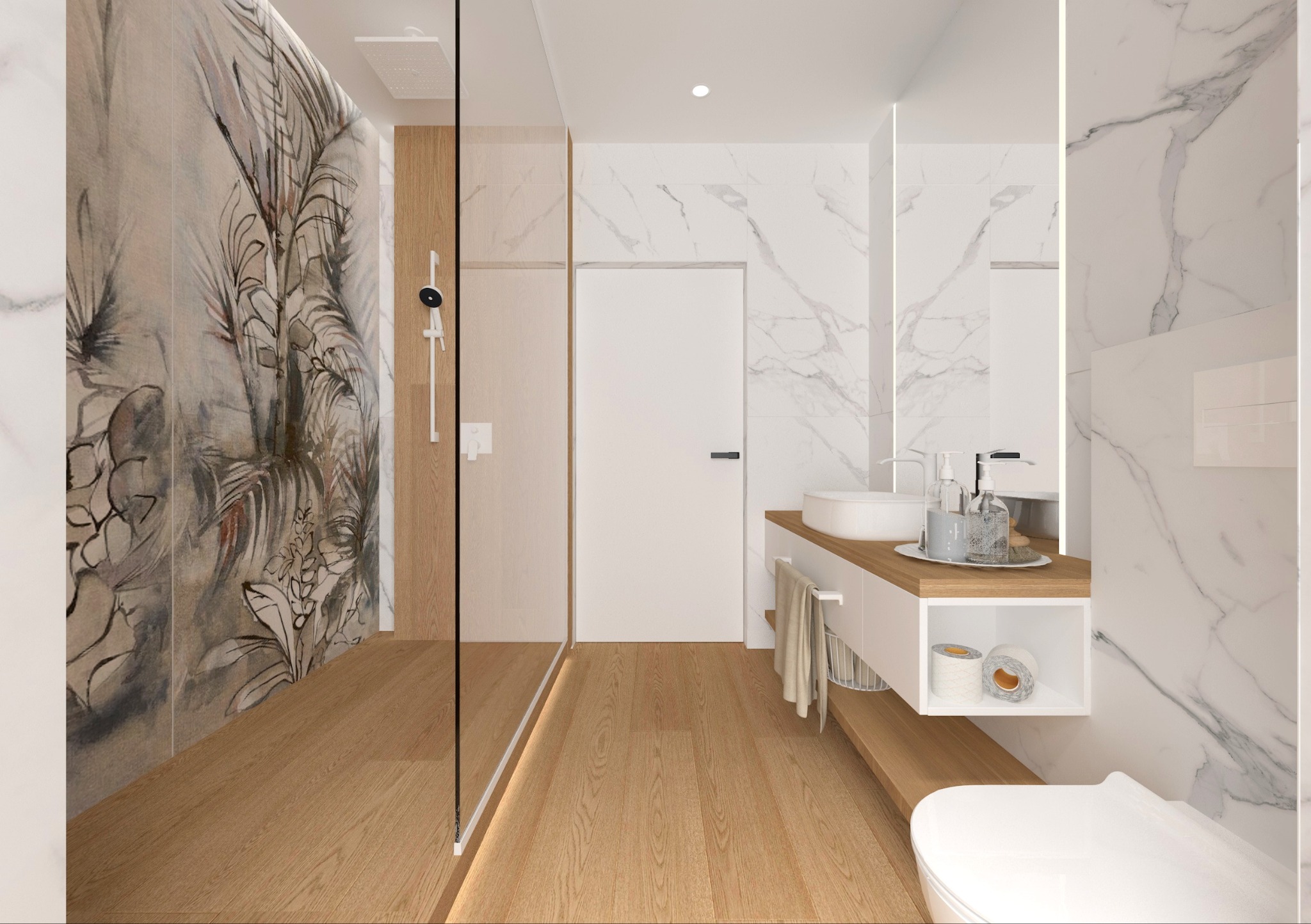 Nowoczesna łazienka z kabiną prysznicową oddzieloną szkłem, drewnianą podłogą i umywalką na szafce. Ściany wykończone marmurem i panelami z motywem roślinnym.