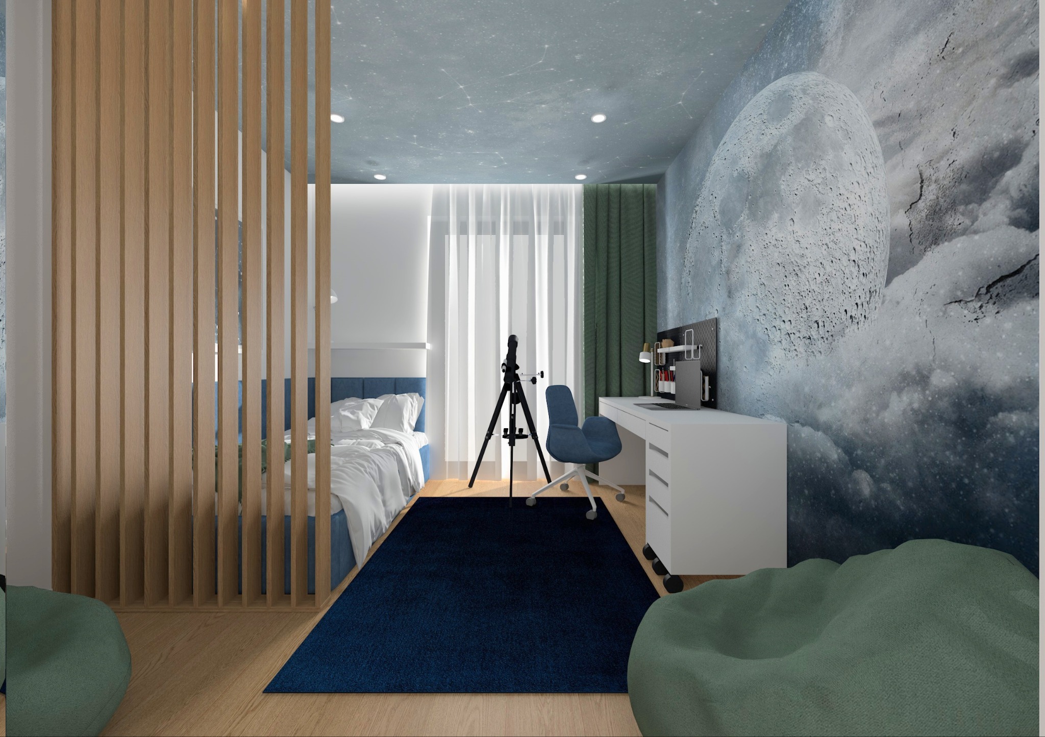 Pokój młodzieżowy z motywem kosmicznym: łóżko za drewnianą przesłoną, biurko z teleskopem, fototapeta z księżycem, sufit w gwiazdy, dywan w kolorze granatowym.