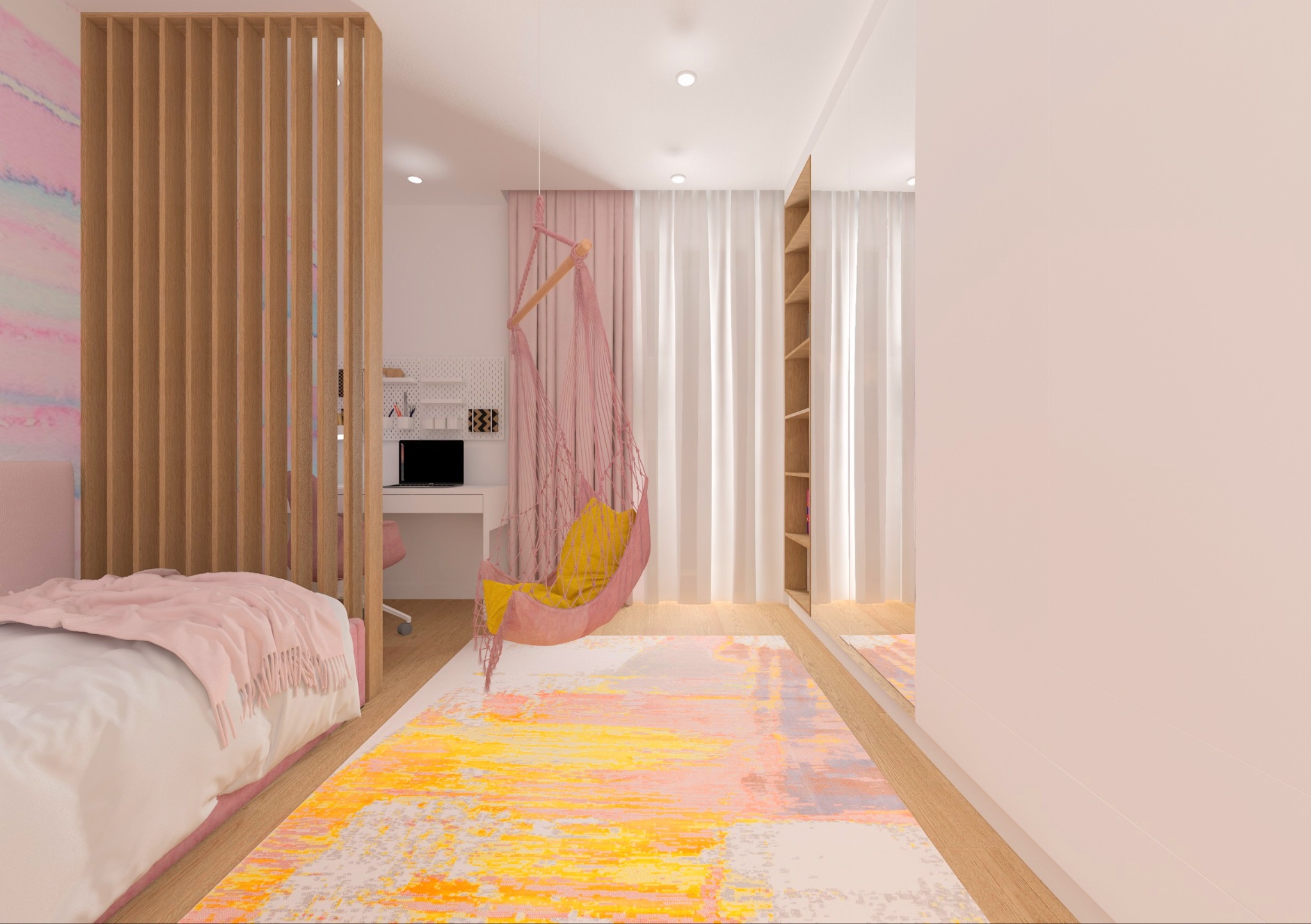 Pokój dziecięcy w pastelowych barwach: hamak, biurko, łóżko z ażurowym zagłówkiem. Na podłodze wzorzysty dywan. Całość w jasnej tonacji, z elementami drewna.
