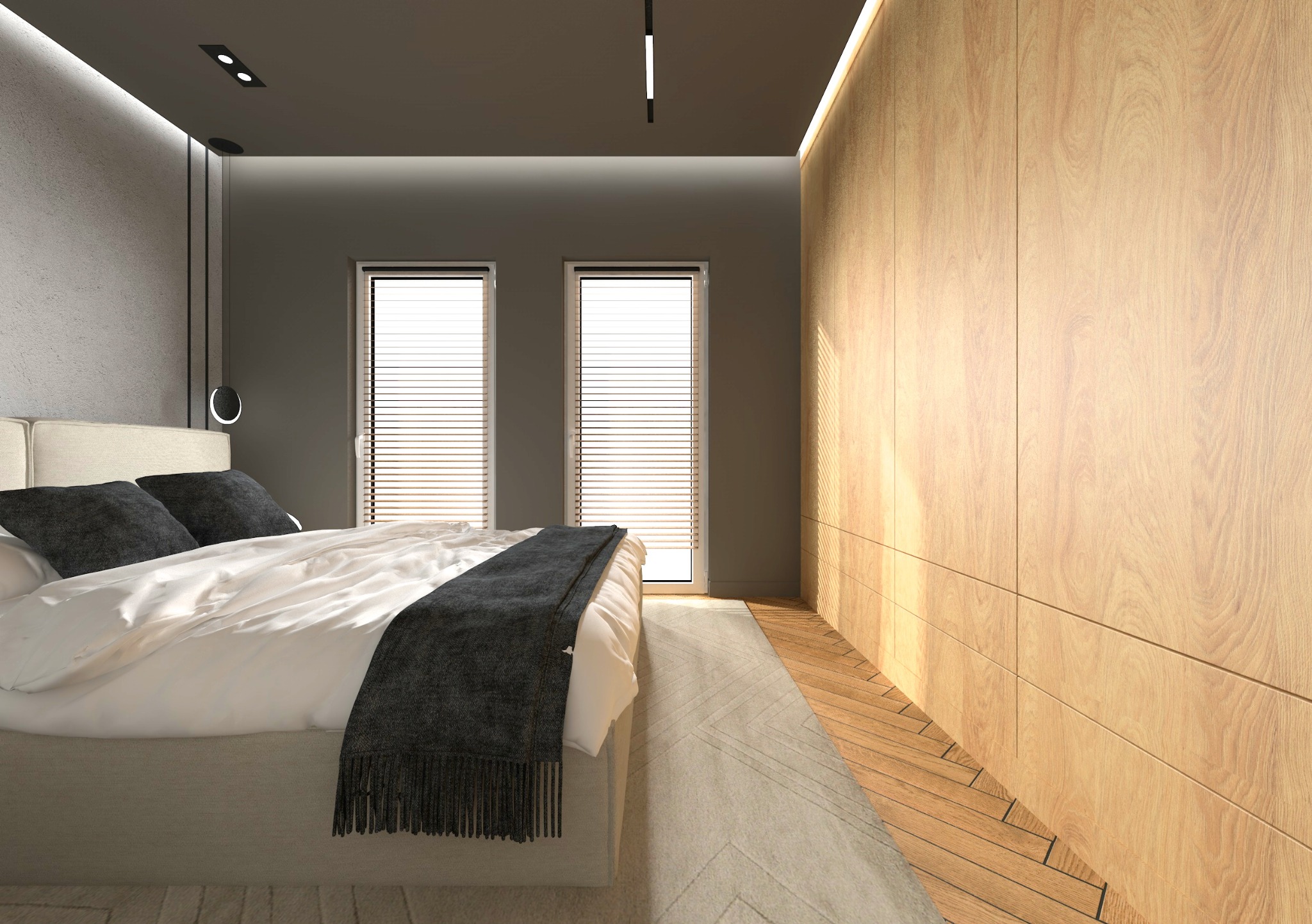 Nowoczesna sypialnia: drewniana zabudowa ściany z oświetleniem LED, łóżko z ciemną narzutą, dywan w geometryczny wzór, okna z żaluzjami.