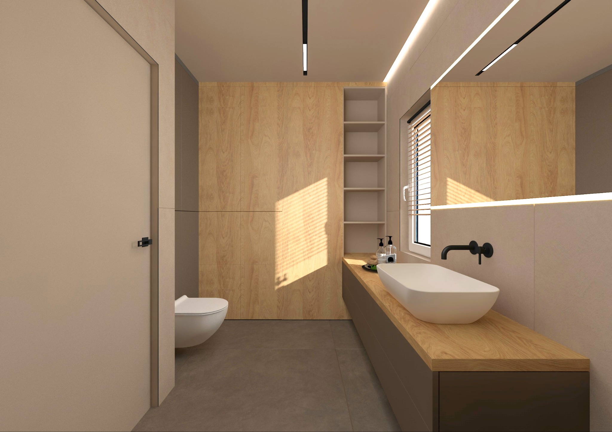 Nowoczesna łazienka z drewnianymi akcentami: umywalka nablatowa, minimalistyczna armatura, ukryta szafa i oświetlenie LED. Przytulne i funkcjonalne wnętrze.