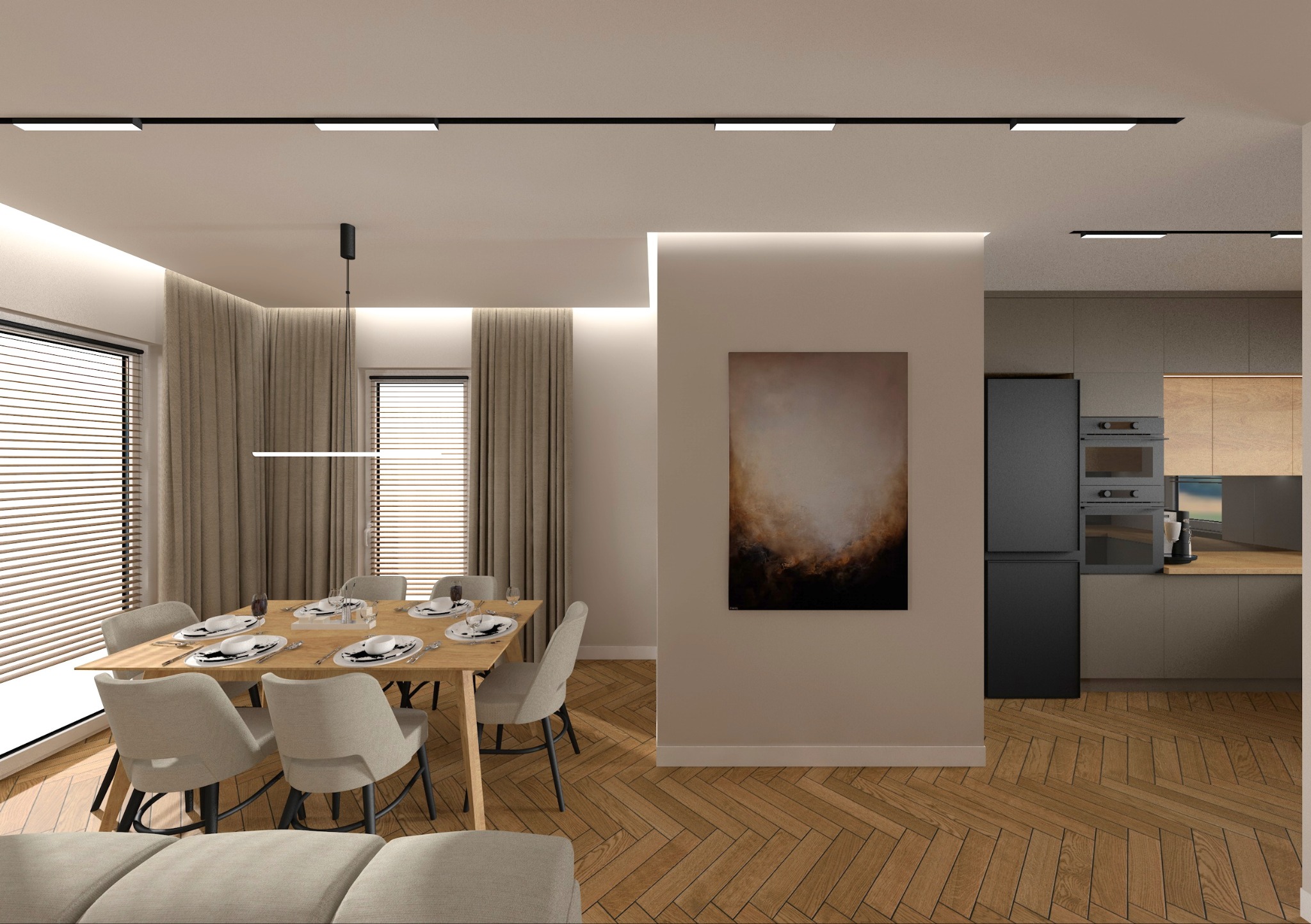 Aranżacja wnętrza: jadalnia z drewnianym stołem i krzesłami w odcieniach beżu, parkiet w jodełkę, nowoczesne oświetlenie i obraz na ścianie. W tle widoczna kuchnia w stonowanych kolorach.