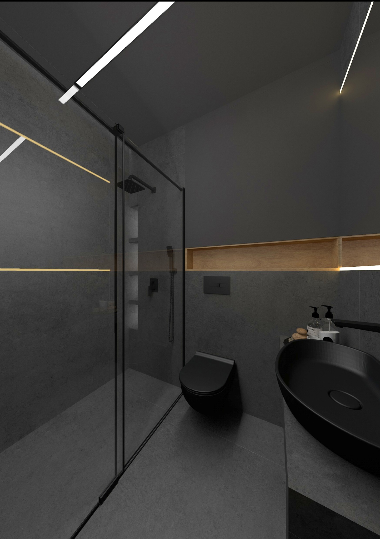 Nowoczesna, minimalistyczna łazienka w odcieniach szarości z czarną armaturą, oświetleniem LED i kabiną prysznicową typu walk-in.