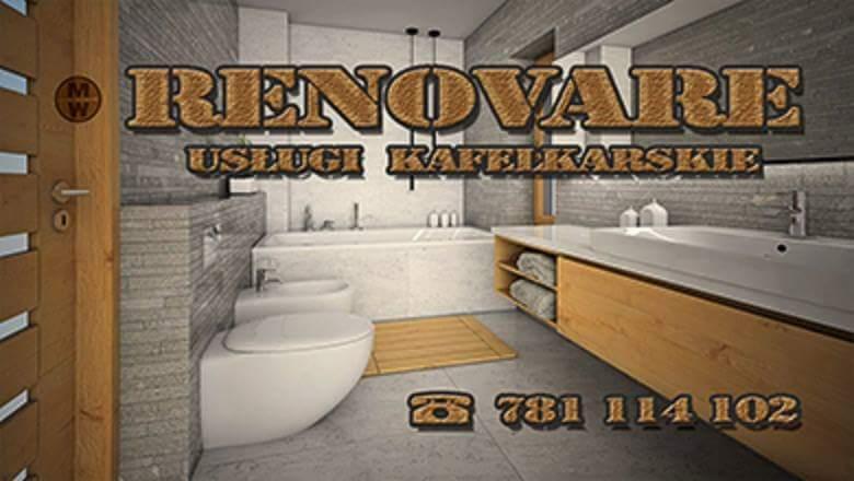 Wizualizacja łazienki z wanną, toaletą i umywalką z drewnianą szafką, na pierwszym planie logo firmy 'Renovare Usługi Kafelkarskie' oraz numer telefonu.