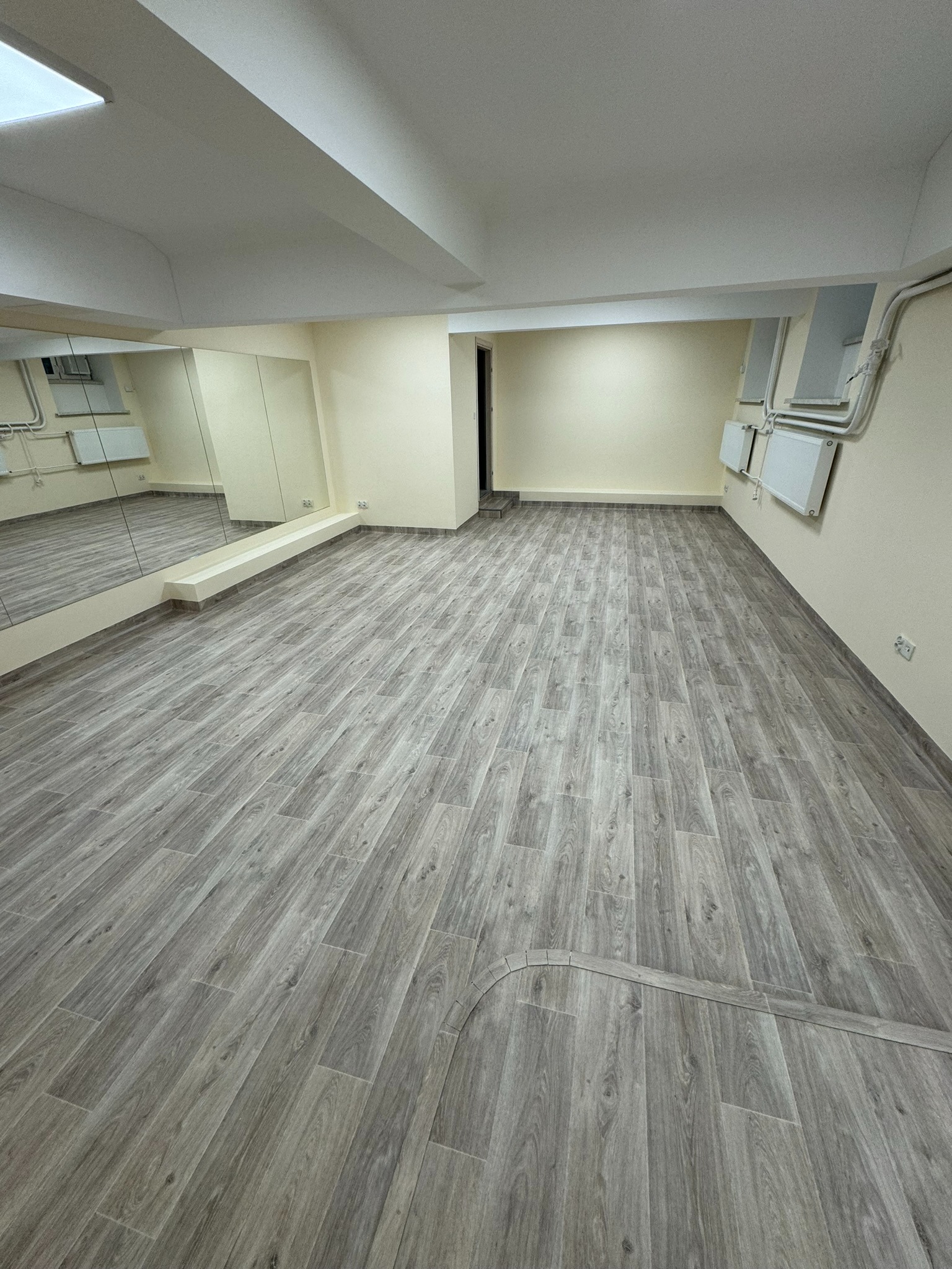 Szare panele podłogowe imitujące drewno ułożone w pustym pomieszczeniu z lustrem na ścianie i grzejnikami.