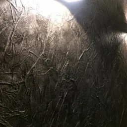 Abstrakcyjna faktura ściany w odcieniach szarości i czerni, oświetlona z góry i z boku przez nowoczesną, kwadratową lampę ścienną.