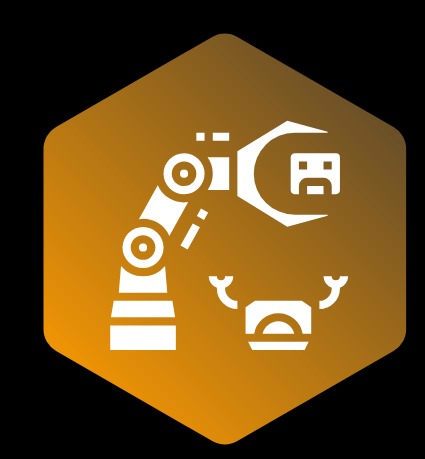 Grafika przedstawia białą ikonę robota składającego z dwóch elementów coś na kształt komputera, umieszczoną na złotym sześciokątnym tle z gradientem, całość na czarnym tle.