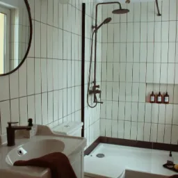 Nowoczesna łazienka z białymi, pionowymi płytkami, czarną armaturą i okrągłym lustrem; brązowy ręcznik leży na białej umywalce.