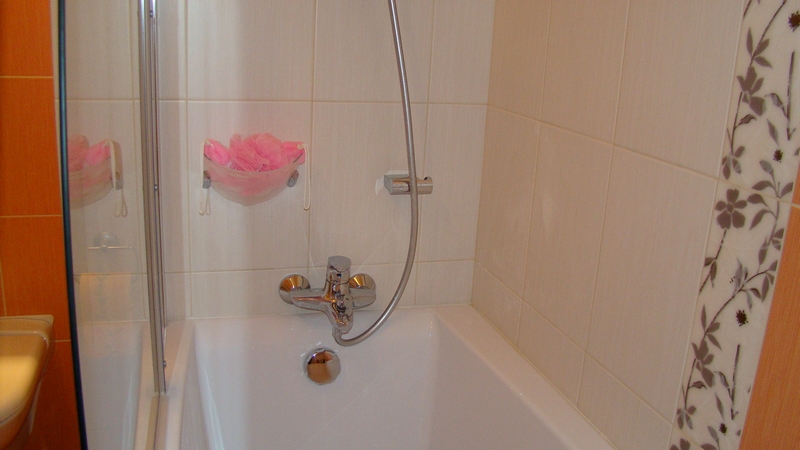 Biała wanna z chromowaną baterią i prysznicem, jasne płytki z dekoracyjnym motywem kwiatowym na brzegu, różowa myjka na przyssawce, widok zza szklanego parawanu.