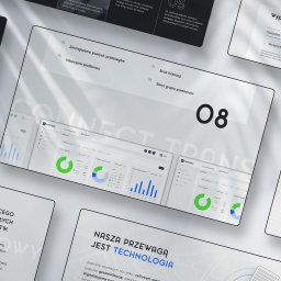 Route Studio - Elegancja i minimalizm w prezentacji interfejsu aplikacji do zarządzania transportem, z czytelnymi wykresami i danymi analitycznymi, otoczona luźno rozrzuconymi materiałami informacyjnymi firmy.