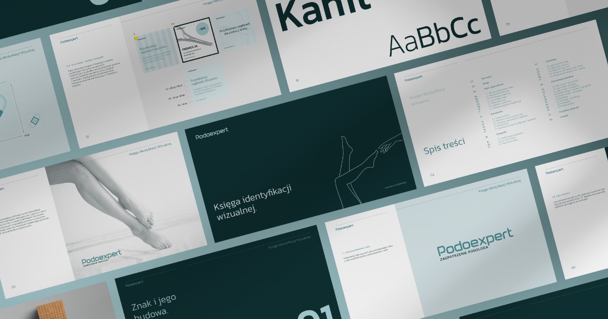 Rozłożone strony z księgi identyfikacji wizualnej marki PodoeXpert, zawierające elementy identyfikacji wizualnej, takie jak logo, typografia, kolorystyka, ilustracje nóg i spis treści.