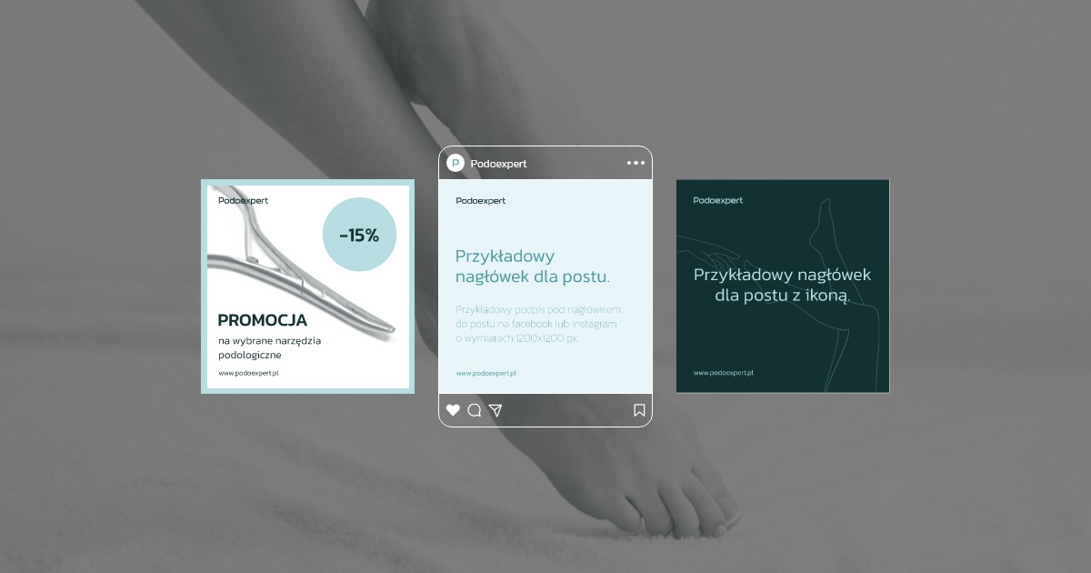 Kompozycja trzech reklam podologicznych w stylu Instagrama, prezentujących promocję na narzędzia, przykładowy nagłówek i nagłówek z ikoną, wszystko na rozmytym tle stopy.