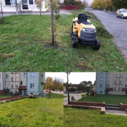 Żółta kosiarka traktorowa Stiga na trawniku z widocznymi śladami koszenia, w tle budynek i ulica z przejeżdżającym samochodem.