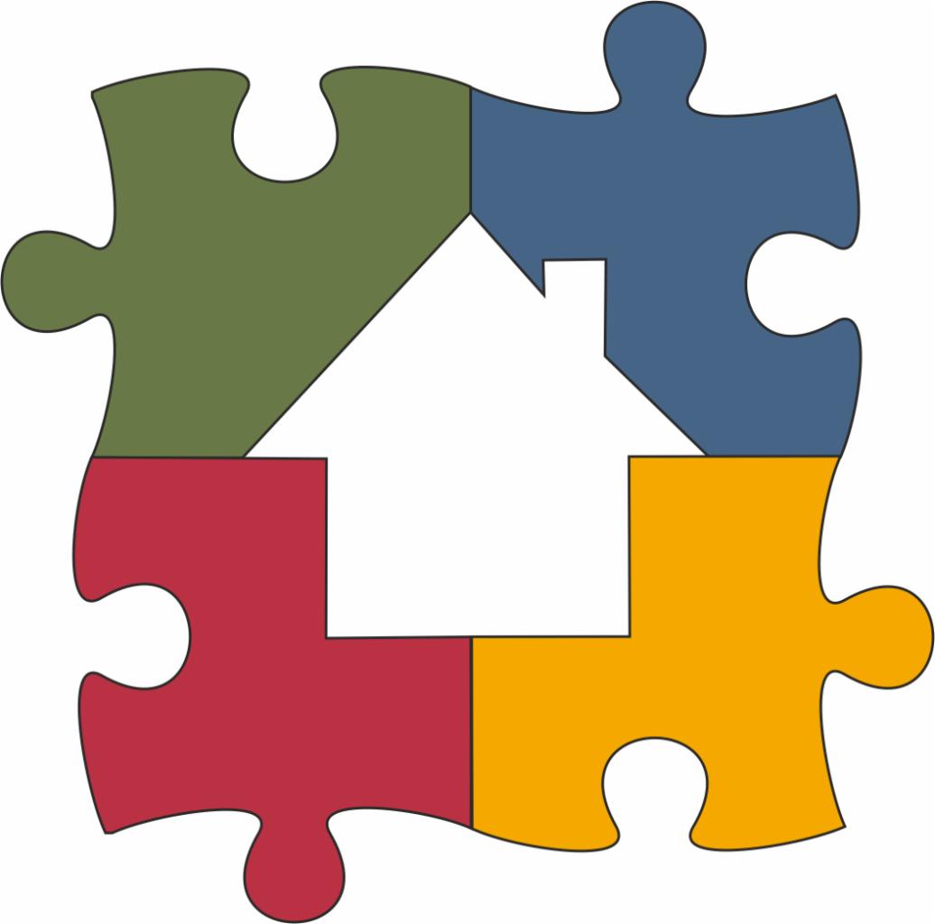 Ikona domu wkomponowana w cztery kolorowe elementy układanki, symbolizująca kompleksowe podejście do tworzenia przestrzeni.