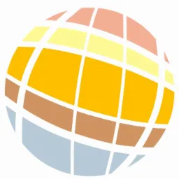 Abstrakcyjna ikona kuli ziemskiej z kwadratowymi segmentami w odcieniach pomarańczowego, żółtego, brązowego i szarego, oddzielonymi białymi liniami.