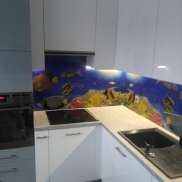 P.P.H.U. Meyer - Nowoczesna kuchnia z białymi szafkami i blatem w szarym odcieniu, wyróżniająca się panelem ściennym z motywem akwarium z kolorowymi rybami i rafą koralową.