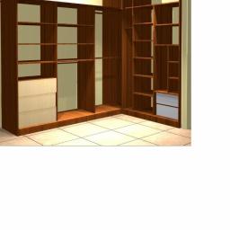 P.P.H.U. Meyer - Wizualizacja narożnej szafy z ciemnego drewna z otwartymi półkami i szufladami w odcieniach beżu i szarości, oświetlenie sufitowe.