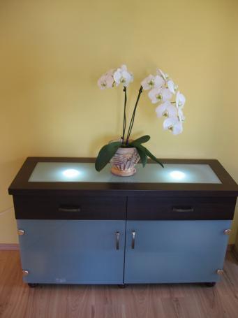 Dwudrzwiowa komoda z ciemnego drewna i błękitnymi frontami, z podświetlanym blatem i dekoracją z białych orchidei w ceramicznej doniczce na tle żółtej ściany.