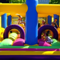 Kolorowy, dmuchany zamek z dwoma tunelami, gdzie bawi się grupa dzieci w słoneczny dzień.