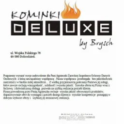 Skan referencji dla firmy Kominki Deluxe by Brysch, z adresem ul. Wojska Polskiego 78, 46-380 Dobrodzień, wyrażające zadowolenie ze współpracy z Panią Agnieszką Żarecką Inspektorem Ochrony Danych...