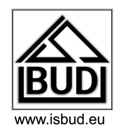 Logo firmy budowlanej ISBUD z symbolem domu i adresem strony internetowej www.isbud.eu, umieszczone w kwadratowej ramce na białym tle.