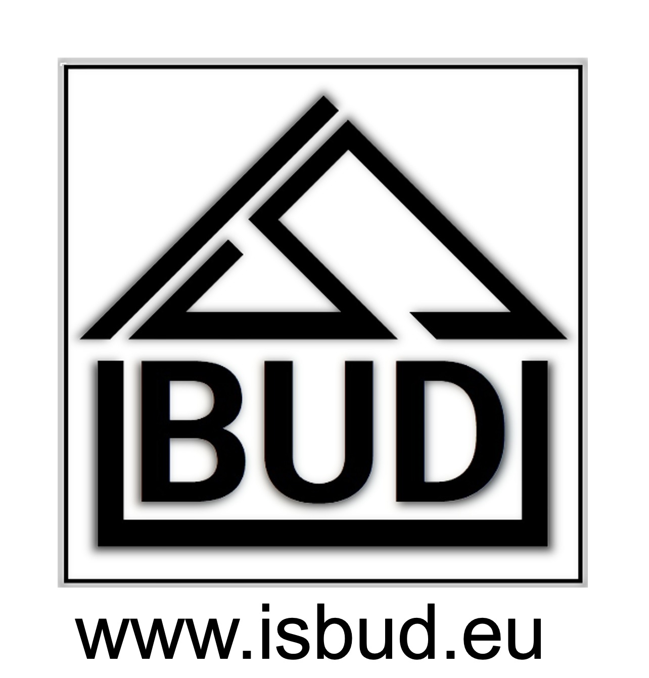 Logo firmy budowlanej ISBUD z symbolem domu i adresem strony internetowej www.isbud.eu, umieszczone w kwadratowej ramce na białym tle.