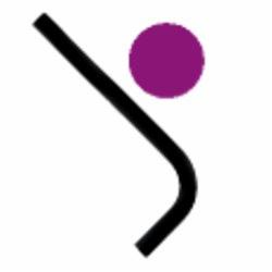 Stylizowany symbol ludzika: czarna, ukośna linia z zakrzywieniem u dołu i fioletowe koło nad nią.