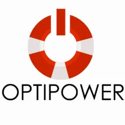 Logo firmy Optipower z symbolem włącznika w kształcie koła ratunkowego w kolorach czerwonym i białym.