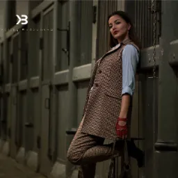 Kobieta w brązowym tweedowym garniturze z kamizelką, jasnoniebieskiej koszuli i czerwonych rękawiczkach bez palców, pozująca na tle szarej, metalowej ściany z rzędami drzwi.