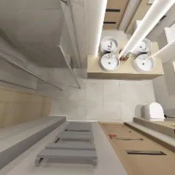 Wizualizacja nowoczesnej łazienki z czterema umywalkami nablatowymi, kabiną prysznicową typu walk-in i grzejnikiem drabinkowym, całość utrzymana w jasnej kolorystyce z drewnianymi akcentami.