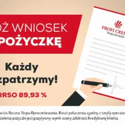 Grafika reklamowa z hasłem 'Złóż wniosek o pożyczkę. Każdy rozpatrzymy! RRSO 89,93%' oraz ilustracją dłoni podpisującej dokument z logo Profi Credit.
