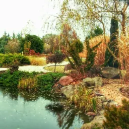 Oczko wodne z kamiennym brzegiem i różnorodną roślinnością ozdobną, w tle ścieżka wysypana żwirem i drzewa.