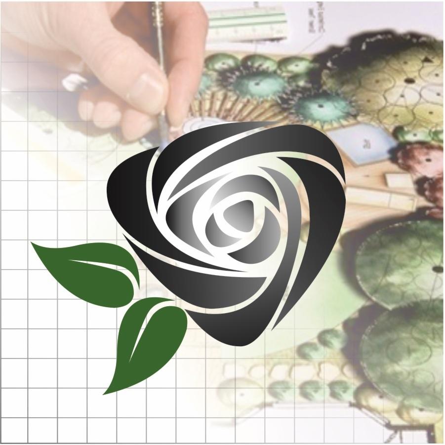 Ręka rysująca plan ogrodu na papierze milimetrowym, z nałożonym graficznym logo w kształcie róży.