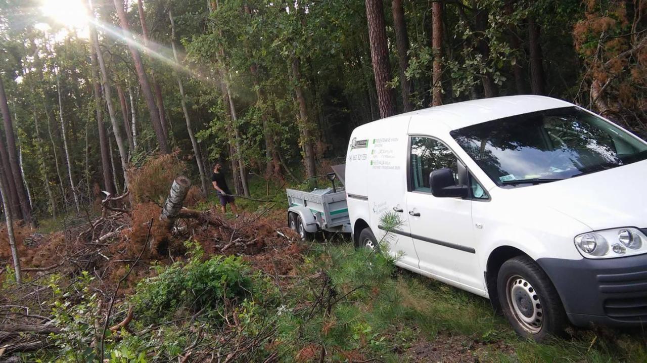 Usuwanie powalonych drzew w lesie: mężczyzna ciągnie gałąź w stronę przyczepy zaparkowanej za białym samochodem dostawczym z logo firmy.