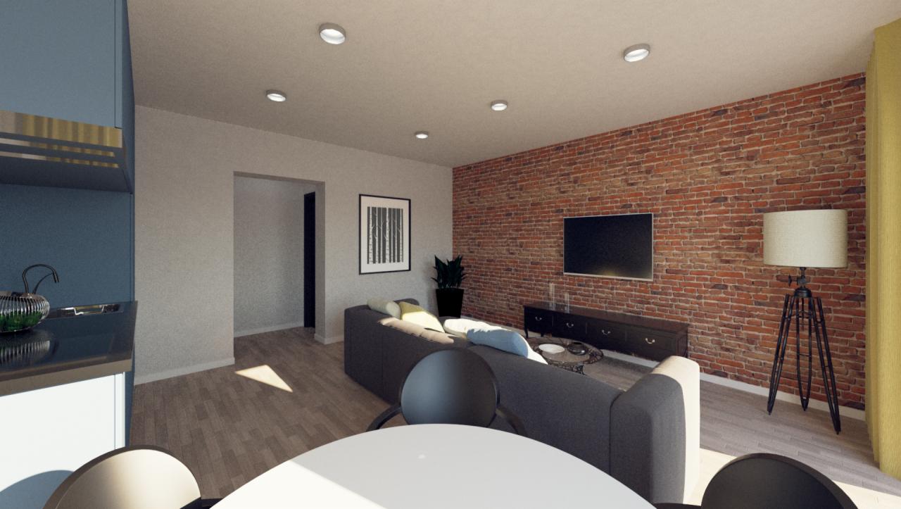 Wnętrze salonu z ceglaną ścianą, szarą sofą, czarnym telewizorem i lampą na trójnogu; widok zza okrągłego stołu.